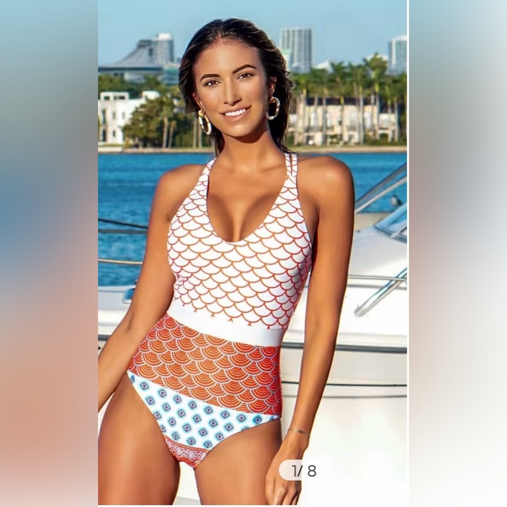 Women’s White & Orange Patterned One-Piece Swimsuit
